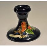 Moorcroft Pottery 1991 Candlestick Holder with Robin and Holly design, measures 9cm approx. high,