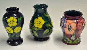 3x Moorcroft Pottery Vases various shapes 2x dated 1991 and 1993 measuring 10cm high approx plus