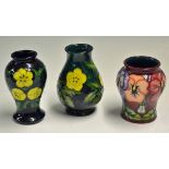 3x Moorcroft Pottery Vases various shapes 2x dated 1991 and 1993 measuring 10cm high approx plus