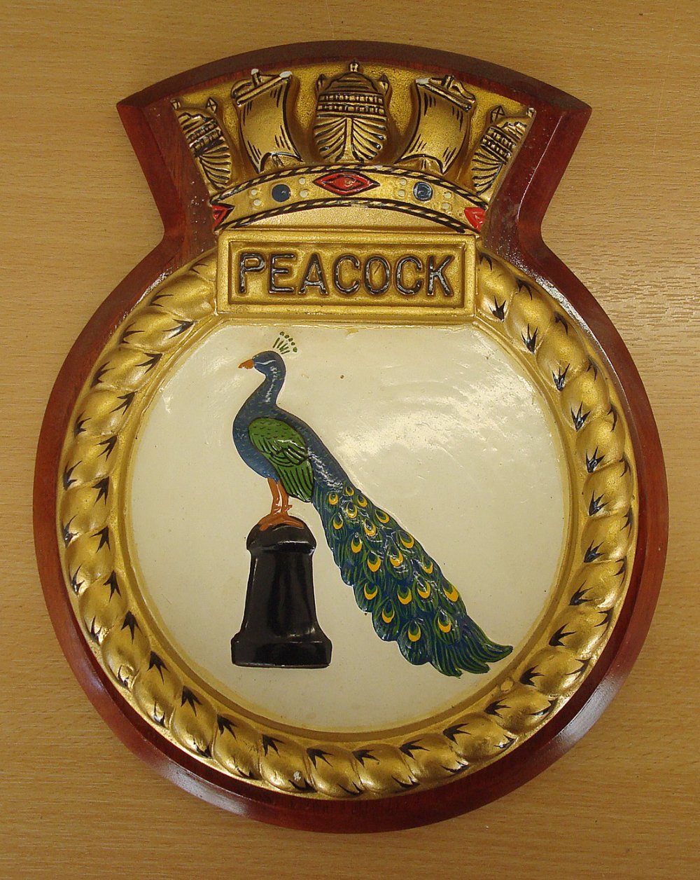 HMS Peacock Ship Crest - presented to ex Peacock R.C. Mellor Nov 1990 by Lt. Cmdr M. Allen R.N.