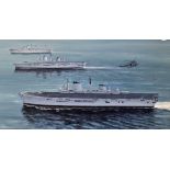 HMS Exeter Colour Print framed measures 81x56cm approx. together with a painting depicting HMS Ark