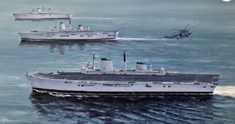 HMS Exeter Colour Print framed measures 81x56cm approx. together with a painting depicting HMS Ark