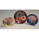3x Moorcroft Pottery Pin Dishes various shapes 2x circular measuring 12cm dia and 10cm with a