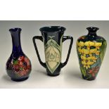 3x Various Moorcroft Pottery Vases includes 1998 measuring 16cm approx., plus a double handled