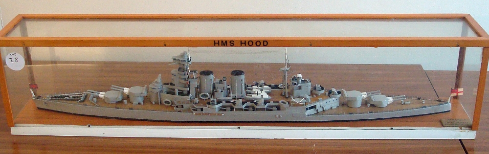 HMS Hood Model a highly detailed model ship contained with plastic and wood case, made by D. Gray