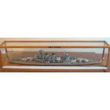 HMS Hood Model a highly detailed model ship contained with plastic and wood case, made by D. Gray
