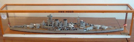 HMS Hood Model a highly detailed model ship contained with plastic and wood case, made by D. Gray