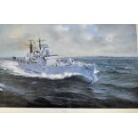 HMS Exeter Colour Print by Robin Brooks, framed, measures 90x65cm approx.