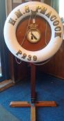 HMS Peacock Life Buoy and Crest taken from ship - mounted on stand, measures 156 high