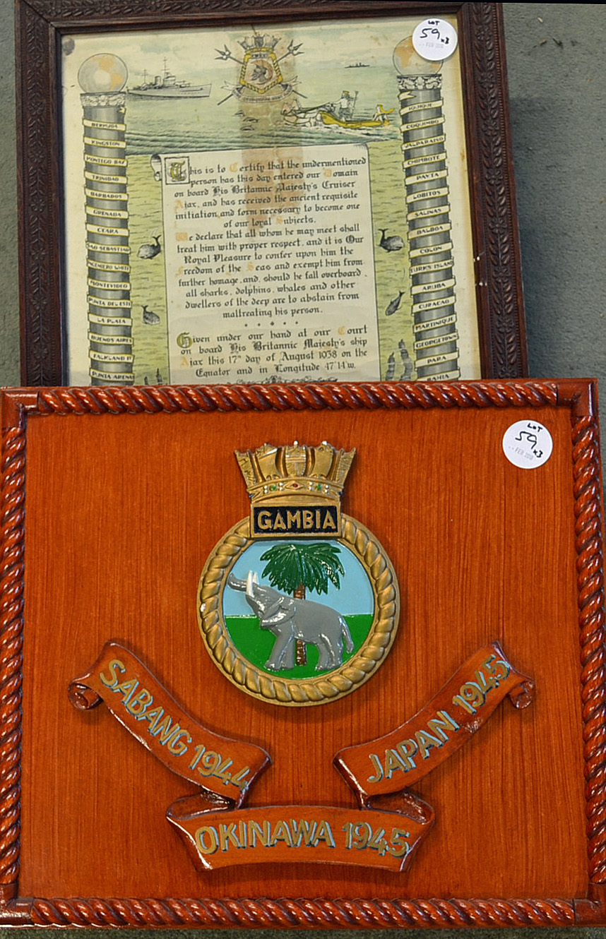 HMS Gambia Royal Navy Ship crest mounted to wood measures 46x40cm, together with a 'Crossing the