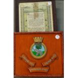 HMS Gambia Royal Navy Ship crest mounted to wood measures 46x40cm, together with a 'Crossing the