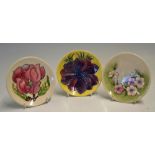 3x Small Moorcroft Pottery Pin Dishes 1991-1993 with floral design, all measure 12cm dia approx.