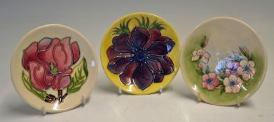 3x Small Moorcroft Pottery Pin Dishes 1991-1993 with floral design, all measure 12cm dia approx.