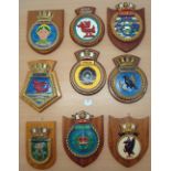 Selection of 9x Royal Navy Ship crests to include HMS Royal Oak, Hood, Drake plus others, approx.