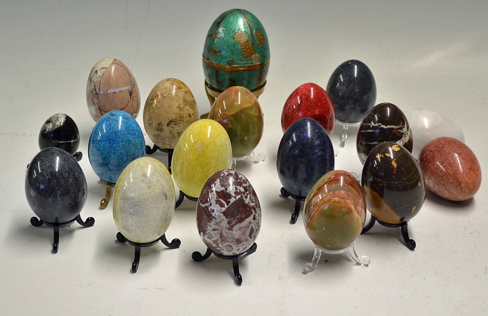 Assorted Marble Egg Selection includes various colour, plus a larger brass egg on stand, most on