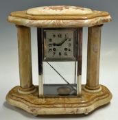 French Marble Clock Art Deco design having square clock face set in various coloured marble and