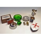 Wedgewood Green Glass Bird and Ashtray together with 'Camshaft Side Limited Ellworthy' metal