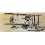 Aviation - Walrus Mark I Pencil Drawing by R.M. Pritchard framed measures 62x36cm approx.