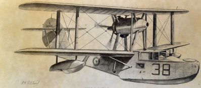 Aviation - Walrus Mark I Pencil Drawing by R.M. Pritchard framed measures 62x36cm approx.