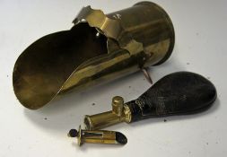 Military/Hunter Powder Flask with original brass scoop, stamped G& J.W. Hawksley, with leather body,