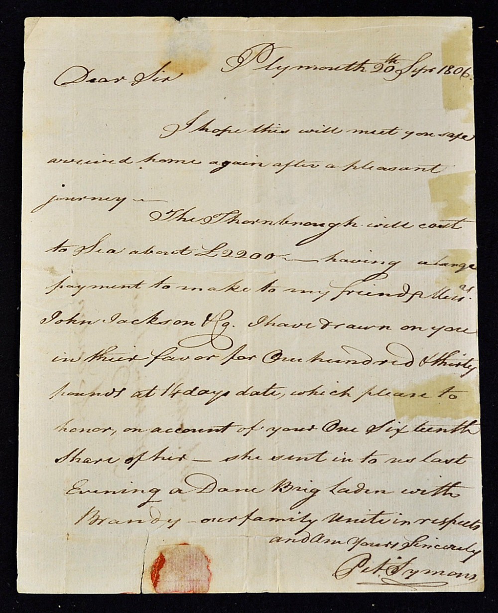 Napoleonic Wars - Privateer Ship "Thornborough"1806. Letter from Peter Symons, shipping merchant,