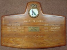 HMS Peacock P239 History and Battle Honours Board taken from the ship with Ships Crest to top