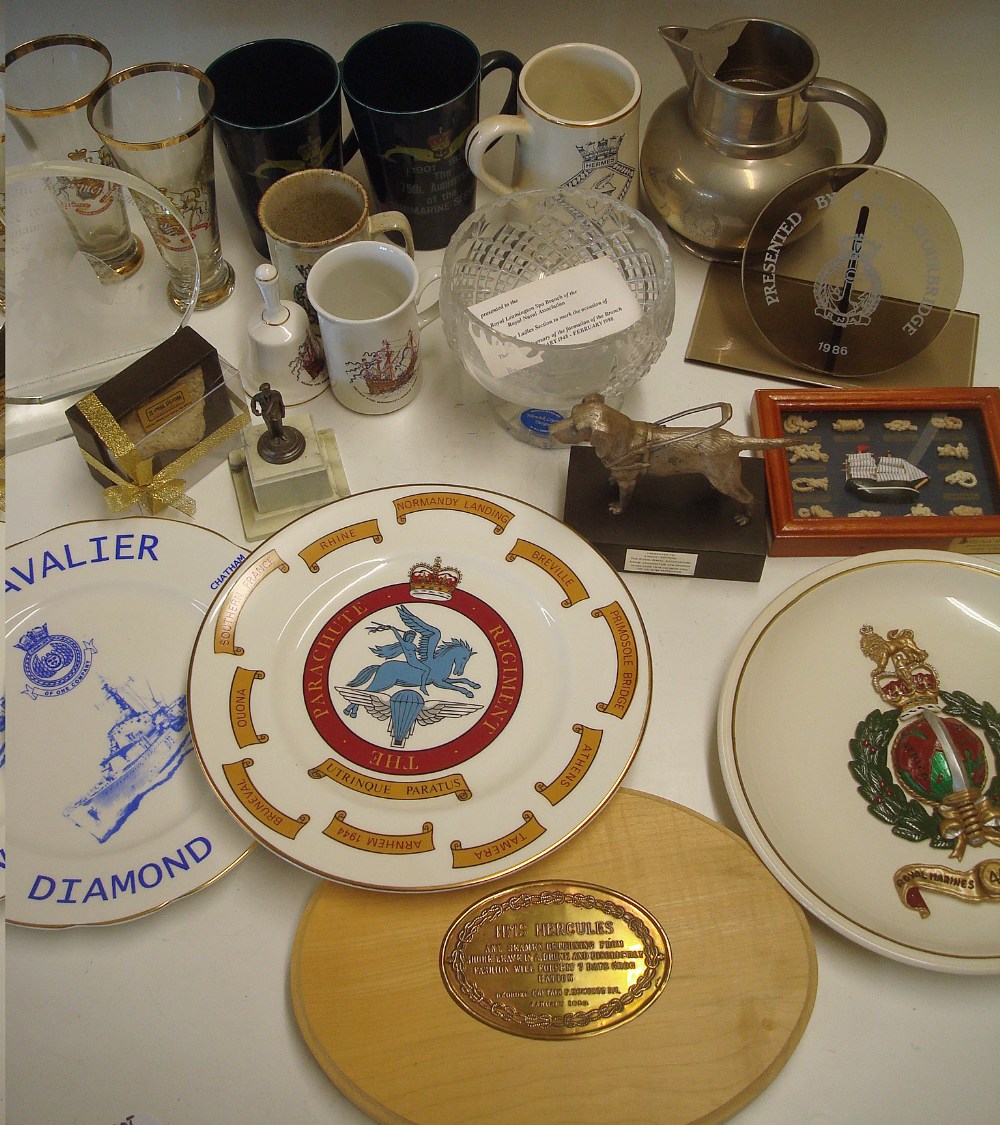 Assorted Naval Selection includes HMS Hercules plaque, HMS Hermes Tankard, WWII rock from the