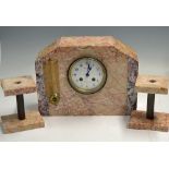 French Marble Clock with garnitures having round enamel clock face set in marble 20cm high, 22cm