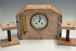 French Marble Clock with garnitures having round enamel clock face set in marble 20cm high, 22cm