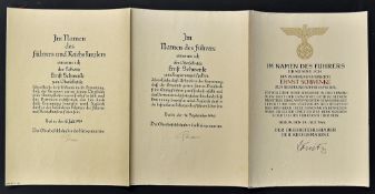 Erich Raeder and Karl Dönitz Signed Promotional Documents - relating to 'Herrn Ernst Schwenke'