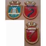 3x Large Royal Navy Ship crests to include Fury, Kelly and Ambuscade, measures 45cm high approx.