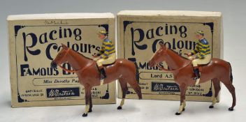 2x C.1940s Britains Lead Racing Colours of Famous Owners Foxcatcher Farm, yellow and blue hoops,