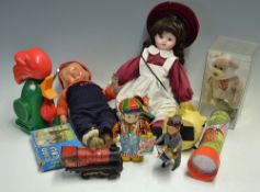Selection of Toys includes Tinplate clockwork Bell Boy plus another clockwork drummer, 2x Dolls, a
