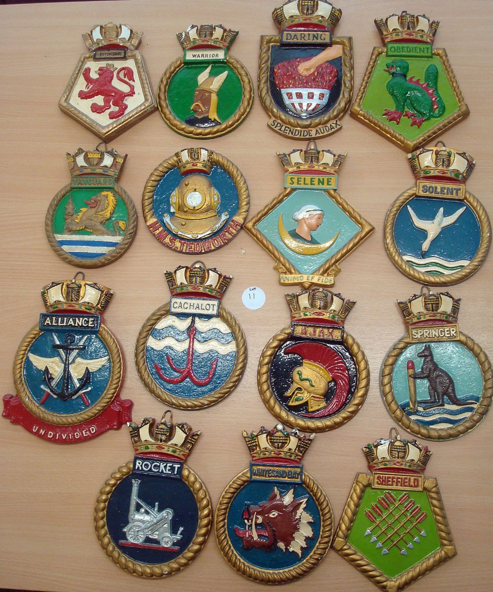 Selection of 15x Royal Navy Ship crests to include HMS Ajax, Warrior, Springer, Rocket plus