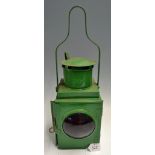 BR Railway Lamp green body, with top handle section coming away from body of lamp, measures 52cm