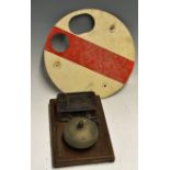 Station Bell Mounted to wood together with a white and red circular sign (2)