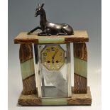 French Marble Clock Art Deco design having octagon clock face with spelter Deer to top set in