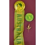 3x Australian rugby tour pin and souvenir badges: 2x in green and gold and one with matching ribbon,