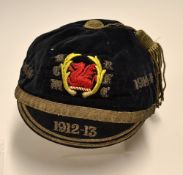 1912 University College of Wales Honours rugby cap: black velvet and gold braid tassel and trim, a