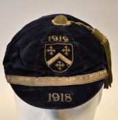 1918/1919 Rugby Honours Cap - possibly Felsted School: Very dark blue/black velvet c/w gold braid