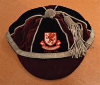 1935/36 Somerset County Rugby Honours Cap: black and maroon six-panelled cap with silver braid and