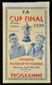 1939 FA Cup Final Souvenir programme Wolverhampton Wanderers v Portsmouth 29 April 1939, 4 page