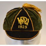 1929 Rugby Honours Cap: Six panel green and black velvet rugby honours cap with thin embroidered