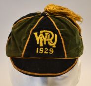 1929 Rugby Honours Cap: Six panel green and black velvet rugby honours cap with thin embroidered