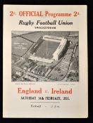 1931 England (5) v Ireland (6) rugby programme: played at Twickenham on Saturday 14th February -