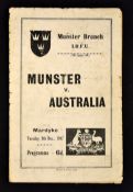 1947 Munster v Australia Rugby Programme: at the Mardyke, Cork, with loose cover and a little