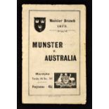 1947 Munster v Australia Rugby Programme: at the Mardyke, Cork, with loose cover and a little