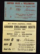 1959 & 1966 Rare British Lions v Wellington rugby match tickets: with Lions winning 21-6 in '59