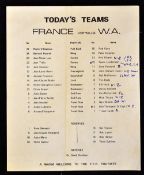 1971 Western Australia v France official match day rugby team insert sheet - very rare single