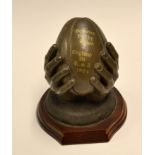 Women's Rugby Union Commemorative Trophy: Bronze resin rugby ball in hand celebrating Women's